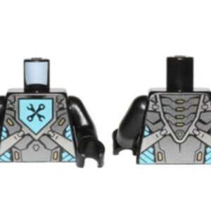973pb2676c01 – Torso Nexo Knights Armor with Pearl Dark Gray and Silver Panels and Black Crossed Wrenches on Medium Azure Pentagonal Shield Pattern / Black Arms / Black Hands