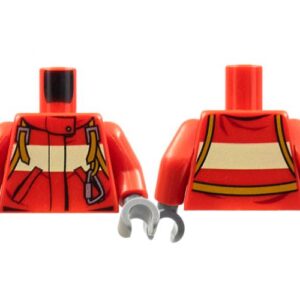 973pb1010c01 – Torso Fire Suit with Stripe and Harness with Carabiner Pattern / Red Arms / Dark Bluish Gray Hands