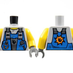 973pb0550c01 – Torso Power Miners Blue Vest with Tools and Bomb over Sweaty Shirt Pattern / Yellow Arms / Dark Bluish Gray Hands