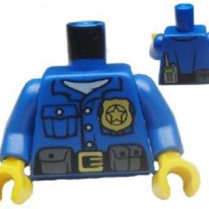 973pb1551c01 – Torso Police Shirt with White Undershirt, Gold Badge and Buckle, Black Belt with Pouches on Front, Radio on Back Pattern / Blue Arms / Yellow Hands