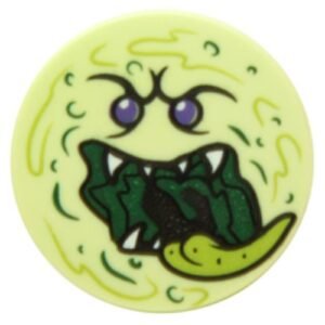 14769pb051 – Tile, Round 2 x 2 with Bottom Stud Holder with Ghost Face with Dark Purple Eyes, Dark Green Open Mouth, White Sharp Teeth, and Lime Tongue Pattern