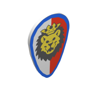 2586p4d – Minifigure, Shield Ovoid with Lion Head, Red and White Background, Blue Border Pattern