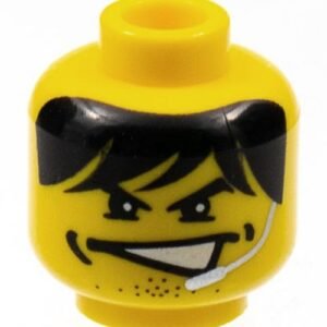 3626bpb0230 – Minifigure, Head Male Partially Open Mouth, Black Shaggy Hair, Dimples, Stubble, and Silver Microphone Pattern (Charge) – Blocked Open Stud