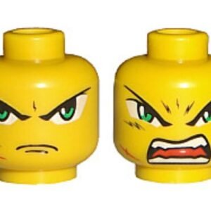 3626bpb0027 – Minifigure, Head Dual Sided Exo-Force Green Eyes with Frown and Scar / Open Mouth Pattern (Takeshi) – Blocked Open Stud