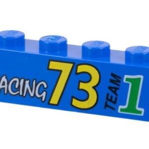 3010pb015 – Brick 1 x 4 with White ‘RACING’, Yellow ’73’, Black ‘TEAM’, and Green Number 1 Pattern