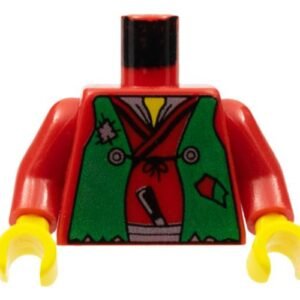 973px14c01 – Torso Castle Ninja Vest Green Tattered Pattern (Robber) / Red Arms / Yellow Hands