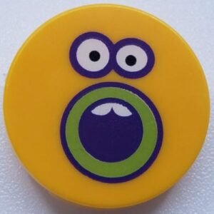 14769pb314 – Tile, Round 2 x 2 with Bottom Stud Holder with Sunflower Face, Dark Purple and Lime Outlined Open Mouth and Eyes Pattern