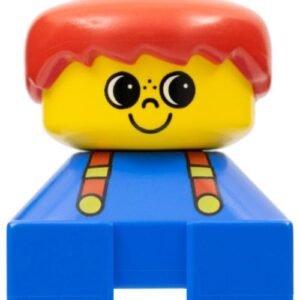 2327pb20 – Duplo 2 x 2 x 2 Figure Brick, Blue Base with suspenders, yellow head with smile and freckles above nose, red male hair