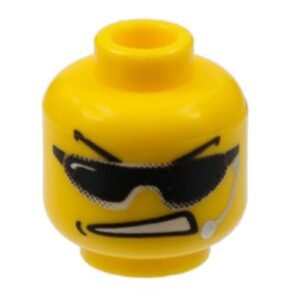 3626bpb0231 – Minifigure, Head Glasses with Sunglasses, Arched Eyebrows, Open Mouth, and Headset Pattern – Blocked Open Stud