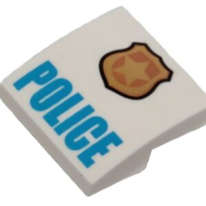 15068pb046a – Slope, Curved 2 x 2 x 2/3 with Gold and Copper Badge with Star and Black Outline, Blue 'POLICE' Pattern