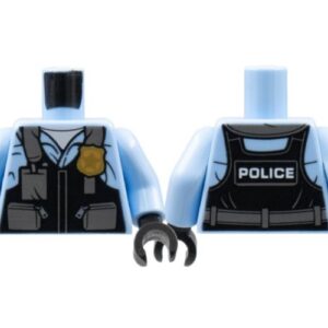 973pb3376c01 – Torso Police Black Pilot Safety Vest with Police Badge and Dark Bluish Gray Pockets Pattern / Bright Light Blue Arms / Black Hands