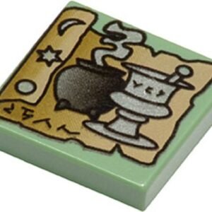 3068bpb0014 – Tile 2 x 2 with Groove with HP Tan Scroll, Black Cauldron and Silver Mortar and Pestle Pattern