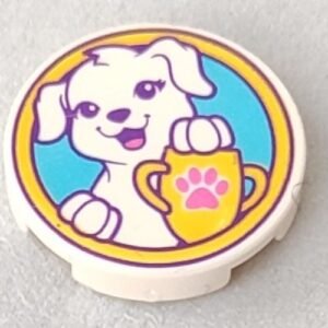 14769pb179 – Tile, Round 2 x 2 with Bottom Stud Holder with Puppy Dog, Yellow Trophy with Dark Pink Paw Print on Medium Azure Background Pattern