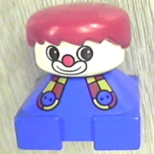 2327pb19 – Duplo 2 x 2 x 2 Figure Brick, Clown, Blue Base with Button Suspenders, White Head, Red Male Hair