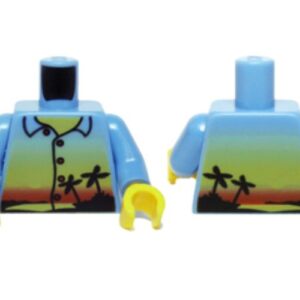 973pb0566c01 – Torso Shirt with Sunset and Palm Trees, Red Buttons and Back Print Pattern / Medium Blue Arms / Yellow Hands