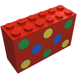 6213p02 – Brick 2 x 6 x 3 with Green, Yellow and Blue Dots Pattern