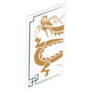 57895pb023 – Glass for Window 1 x 4 x 6 with Dark Green Lines and Gold Dragon Head and Midsection on White Background Pattern