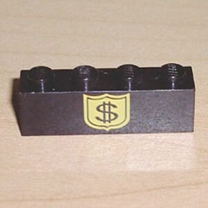 3010pb017 – Brick 1 x 4 with Black Dollar Sign on Yellow Badge Pattern