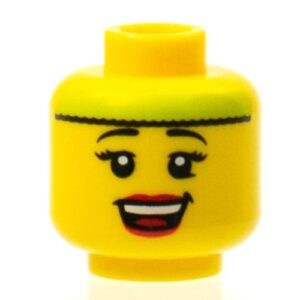 3626bpb0612 – Minifigure, Head Female Lime Headband, Black Eyebrows, Eyelashes, Red Lips, Open Mouth Smile with Top Teeth and Tongue Pattern – Blocked Open Stud