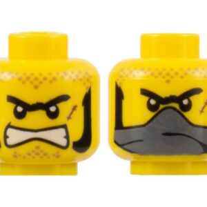 3626bpb0444 – Minifigure, Head Dual Sided Black Unibrow, Sideburns, Scar, Bared Teeth / Dark Bluish Gray Bandana over Mouth Pattern – Blocked Open Stud