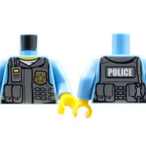 973pb1350c01 – Torso Police Shirt with Dark Bluish Gray Vest, Gold Badge, Radio, White Undershirt and White 'POLICE' Pattern on Back / Medium Blue Arms / Yellow Hands