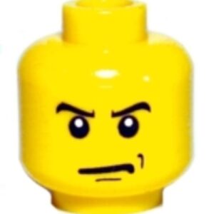 3626bpx302 – Minifigure, Head Male Angry Eyebrows and Scowl, Black Chin and Left Cheek Dimples Pattern – Blocked Open Stud