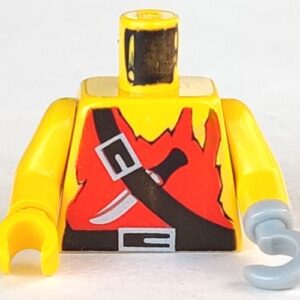 973p3ac01 – Torso Pirate Red Tank Top Tattered, Black Belts with Silver Buckles, Knife Pattern / Yellow Arms / Light Gray Hook Left / Yellow Hand Right