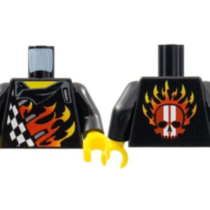 973pb0683c01 – Torso World Racers – Checkered Pattern with Flames on Front, Flames and Red Skull with White Stripes on Back / Black Arms / Yellow Hands