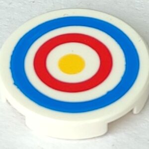 14769pb086 – Tile, Round 2 x 2 with Bottom Stud Holder with Blue and Red Circles and Yellow Dot Archery Target Pattern