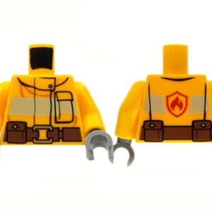 973pb1011c01 – Torso Fire Suit with Stripe and Brown Utility Belt and Fire Logo on Back Pattern / Bright Light Orange Arms / Dark Bluish Gray Hands