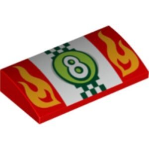 88930pb039 – Slope, Curved 2 x 4 x 2/3 with Bottom Tubes with Orange Flames, White Number 8 in Lime Circle over Checkered Flag Pattern