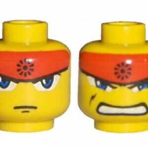 3626bpb0254 – Minifigure, Head Dual Sided Exo-Force Blue Eyes, Red Headband, Closed Mouth / Bared Teeth Pattern (Ryo) – Blocked Open Stud