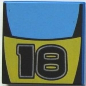 3068bpb0022 – Tile 2 x 2 with Groove with Number 18 and Medium Blue / Yellow Stripes Pattern