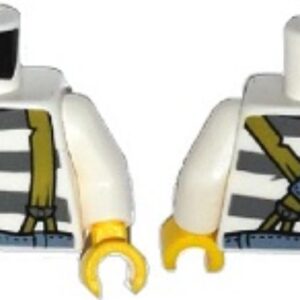 973pb1909c01 – Torso Town Prisoner Olive Green Suspenders over Shirt with Dark Bluish Gray Prison Stripes Pattern / White Arms / Yellow Hands