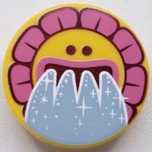 14769pb315 – Tile, Round 2 x 2 with Bottom Stud Holder with Sunflower Face, Dark Pink Flakes and Water Pouring from Mouth Pattern