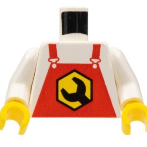 973pb0113c01 – Torso Overalls Red with Black Wrench Head in Yellow Hexagon Pattern / White Arms / Yellow Hands