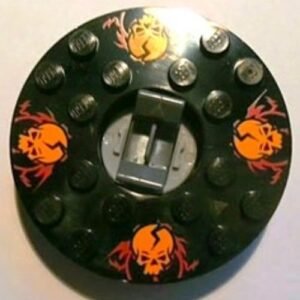 92549c02pb02 – Turntable 6 x 6 x 1 1/3 Round Base with Black Top with Orange Skulls on Red Pattern (Ninjago Spinner)