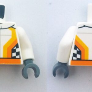 973pb2930c01 – Torso Racing Jacket with Orange Stripes and Checkered Flag on Front and Back Pattern / White Arms / Dark Bluish Gray Hands)