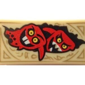 3069bpb0438 – Tile 1 x 2 with Groove with Dark Tan Markings and 2 Red Monster Heads with Horns Pattern (Nexo Knights Book of Chaos)