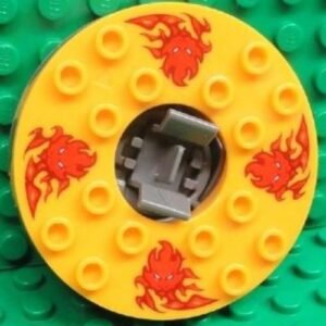 bb0549c09pb01 – Turntable 6 x 6 x 1 1/3 Round Base Serrated with Bright Light Orange Top and Red Flames and Lion Heads Pattern (Ninjago Spinner)