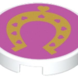 14769pb180 – Tile, Round 2 x 2 with Bottom Stud Holder with Gold Horseshoe with Hearts on Dark Pink Background Pattern