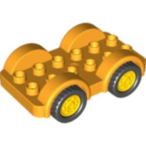 11841c02 – Duplo Car Base 2 x 6 with Four Black Tires and Yellow Wheels on Fixed Axles