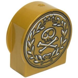 14222pb001 – Duplo, Brick 1 x 2 x 2 Round Top, Cut Away Sides with Skull and Crossbones in Laurel Wreath Pattern