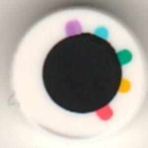 98138pb202 – Tile, Round 1 x 1 with Black Circle Eye with Medium Lavender, Medium Azure, Dark Turquoise, Yellow, and Coral Eyelashes Pattern