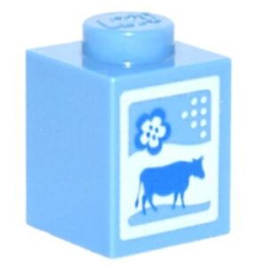 3005pb016 – Brick 1 x 1 with Blue Cow and Flower on White Background Pattern (Milk Carton)