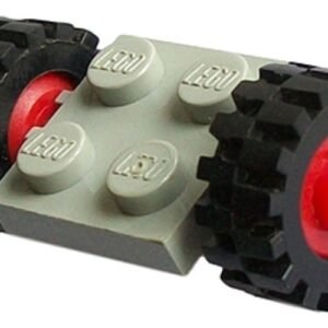 122c01assy2 – Plate, Modified 2 x 2 with Red Wheels with Black Tires 15mm D. x 6mm Offset Tread Small (122c01 / 3641)