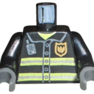 973pb0300c02 – Torso Fire Uniform Gold Badge, Silver Reflective Stripes, Dark Bluish Gray Radio Pattern / Black Arms / Dark Bluish Gray Hands