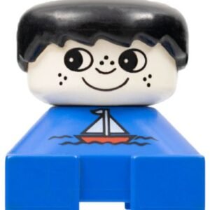 2327pb04 – Duplo 2 x 2 x 2 Figure Brick, Blue Base with Sailboat Pattern, White Head with Freckles, Black Male Hair
