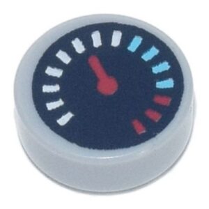 98138pb175 – Tile, Round 1 x 1 with Black Gauge with Red Pointer and White, Medium Azure, and Red Tick Marks Pattern