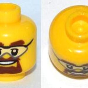 3626cpb0803 – Minifigure, Head Glasses with Safety Goggles, Brown Eyebrows and Goatee Pattern – Hollow Stud